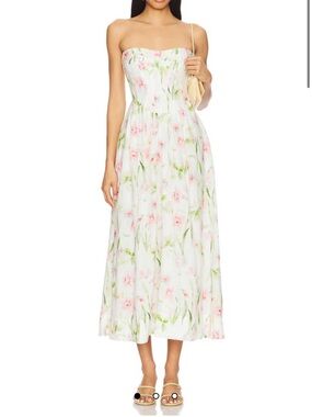 Bardot White Strapless Floral Sundress with Pink & Green Print